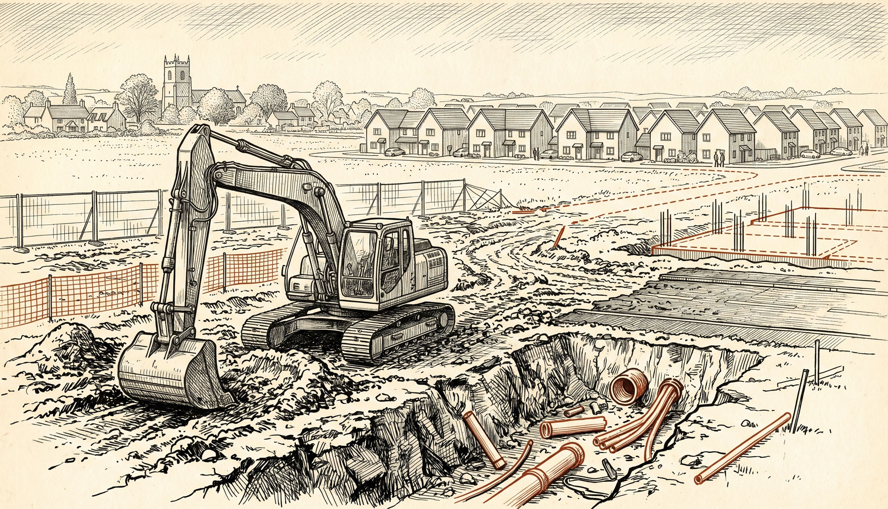 Illustrated excavator digging drainage trenches in open ground with a housing estate visible in the background, representing infrastructure delivery gaps
