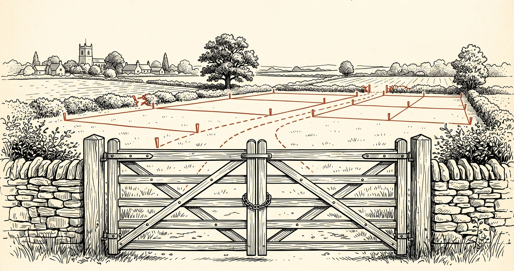Illustrated view through a field gate with red survey markers staked across farmland, representing land value and the prospect of development