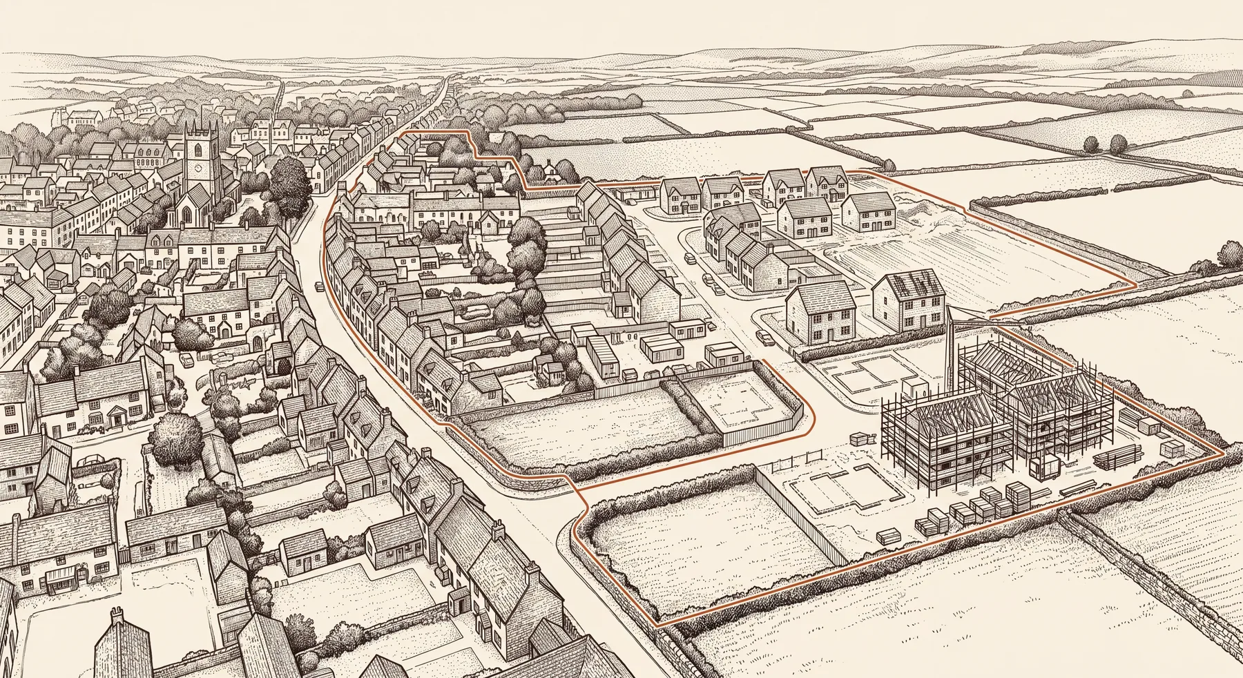 Generated ink illustration: an aerial view over the edge of a Cotswold market town, with the church tower and limestone terraces on the left and, on the right, a new estate, bare plots and a scaffolded housing scheme running out into walled fields. A single terracotta line traces the development boundary around the town edge and the new building.